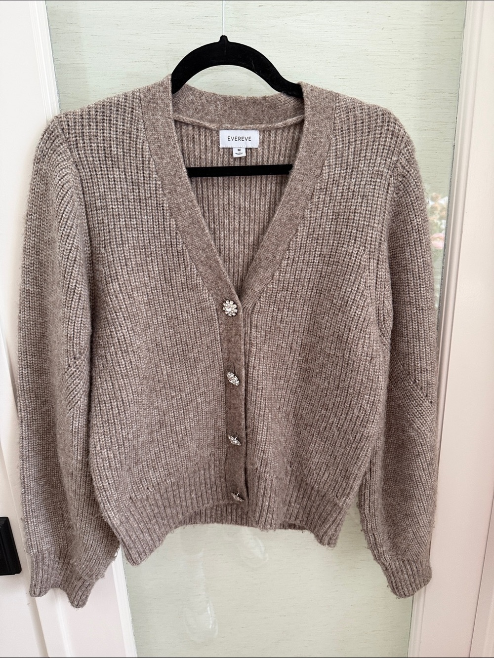 Evereve Taupe Ribbed V‑Neck Cardigan with Decorative Buttons